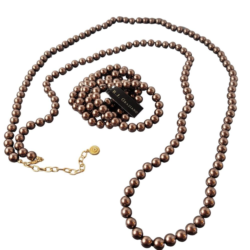 R.J. Graziano Bronze Brown Glass Beaded Long Necklace  5 Stretch Bracelets Set